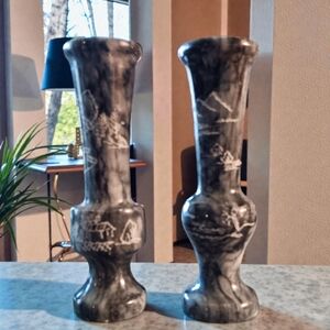 Set Of 2 Elegant Black and White Marble Bud Vases With Hand-carved Scenes
